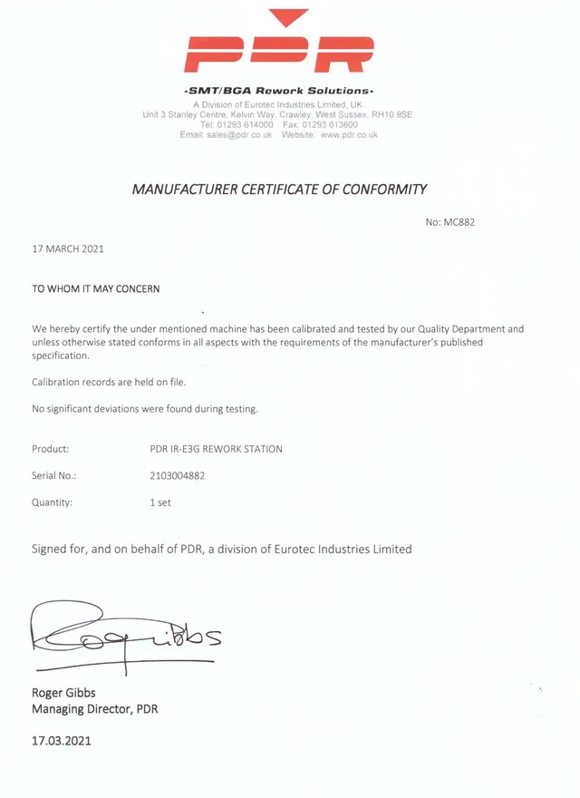 Certificate of Conformity: PDR IR-E3G