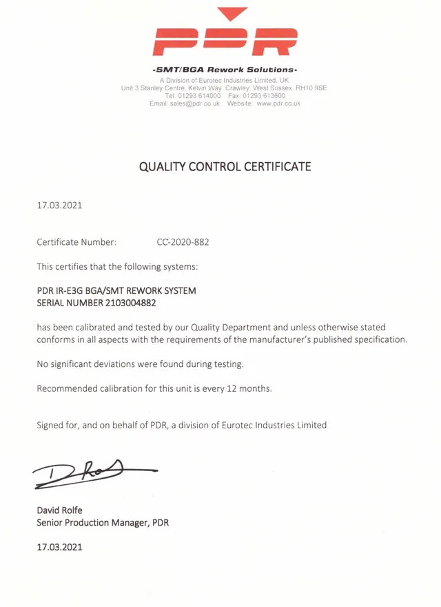 Quality Control Certificate CC-2020-882